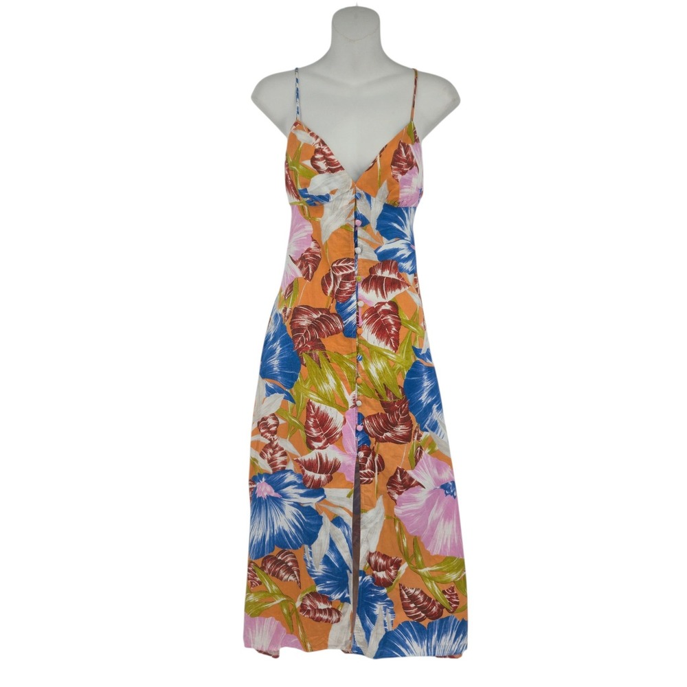 Zara Floral Button Front Midi Dress Womens XS Tropical Linen Blend Summer